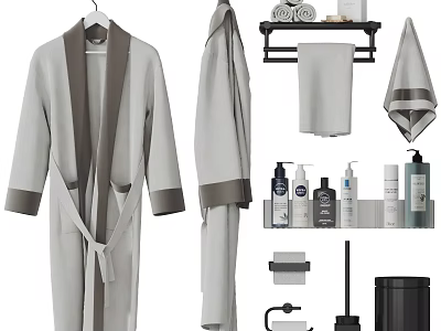 Essential Bathroom Accessories Including Bathrobes Towels Toiletries Toilet Brush And Trash Can 3d model
