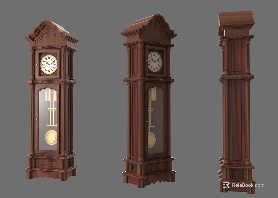 Three Classic Wooden Grandfather Clocks With Intricate Carvings And Glass Fronts 3d model 