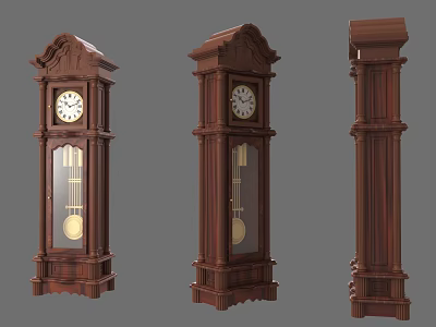 Three Classic Wooden Grandfather Clocks With Intricate Carvings And Glass Fronts 3d model