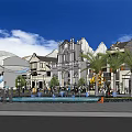 Traditional Commercial Street with Classic Architecture Plaza Pedestrian Walkways and Retail Shops