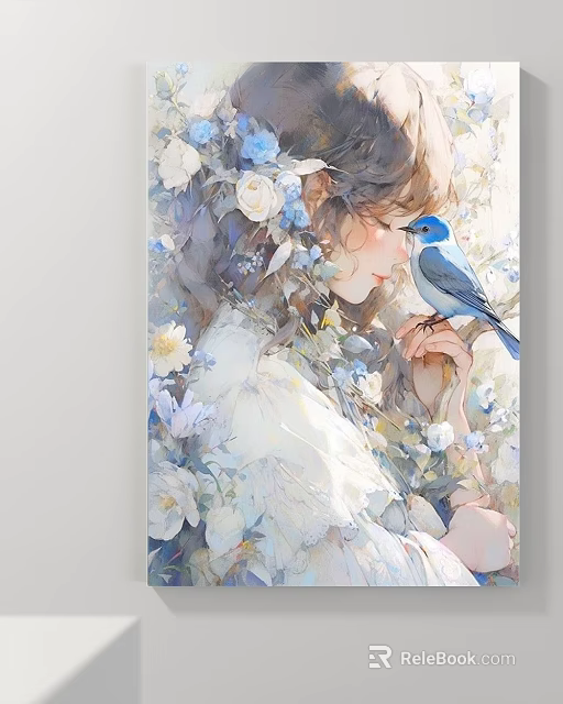 Oil Painting Of Girl Holding Blue Bird Among White And Blue Flowers 3d model 