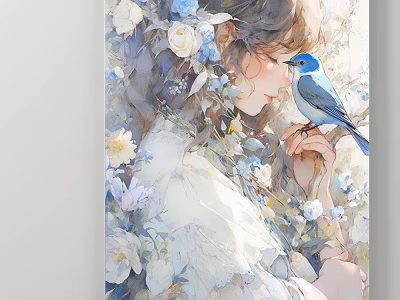 Oil Painting Of Girl Holding Blue Bird Among White And Blue Flowers 3d model