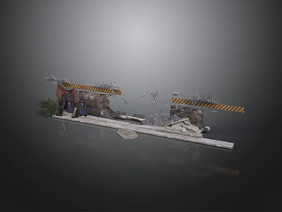 Construction Checkpoint Scene With Yellow Black Striped Barriers Small Trees And Gray Ground 3d model