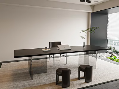 Modern Desk with Black Top Glass Legs Laptop Chair Round Stools in Bright Minimalist Room 3d model