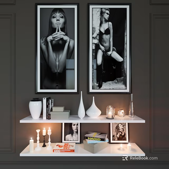 White Wall Shelf On Gray Wall With Vases Books Candles And Black White Paintings 3d model 