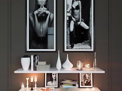 White Wall Shelf On Gray Wall With Vases Books Candles And Black White Paintings 3d model