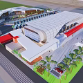 Modern Bus Station Exterior With Curved Roof Red And White Facade And Palm Trees