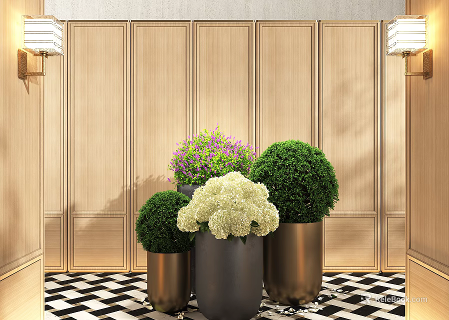 Bonsai Potted Plants with Green Balls White Purple Flowers in Metal Pots and Wooden Wall 3d model 