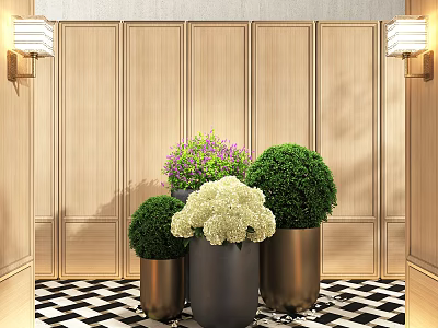 Bonsai Potted Plants with Green Balls White Purple Flowers in Metal Pots and Wooden Wall 3d model