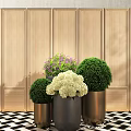 Bonsai Potted Plants with Green Balls White Purple Flowers in Metal Pots and Wooden Wall