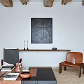 Modern Living Room Interior With White Sofa Wooden Coffee Table Decorative Paintings And Wooden Beams