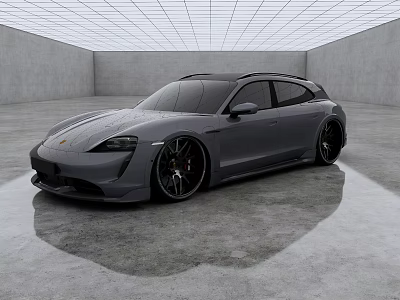 Gray Porsche Sports Wagon In Indoor Space With Grid Ceiling And Smooth Concrete Floor Reflection 3d model