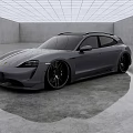 Gray Porsche Sports Wagon In Indoor Space With Grid Ceiling And Smooth Concrete Floor Reflection