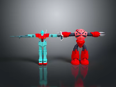 Two Robot Characters With Blue Green Red Black Design Extended Arms Sword And Claw Weapons 3d model