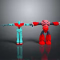 Two Robot Characters With Blue Green Red Black Design Extended Arms Sword And Claw Weapons