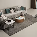 Modern Grey Sofa and Coffee Table Set with Multiple Pillows Round Table and Area Rug 3d model