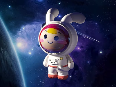 Cute Rabbit Astronaut Doll With Helmet In Starry Space Background Near Earth 3d model