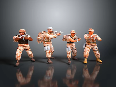 Toy Military Action Figures In Camouflage Uniforms With Various Weapon Poses 3d model