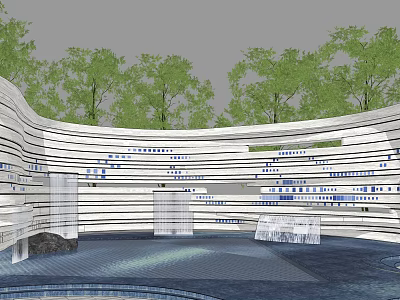 Modern Building Exterior Wall Featuring Wavy White Stripes And Glass Elements 3d model