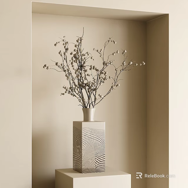White Vase with Branches and Small White Flowers on Textured Hexagonal Pedestal in Minimalist Room 3d model 