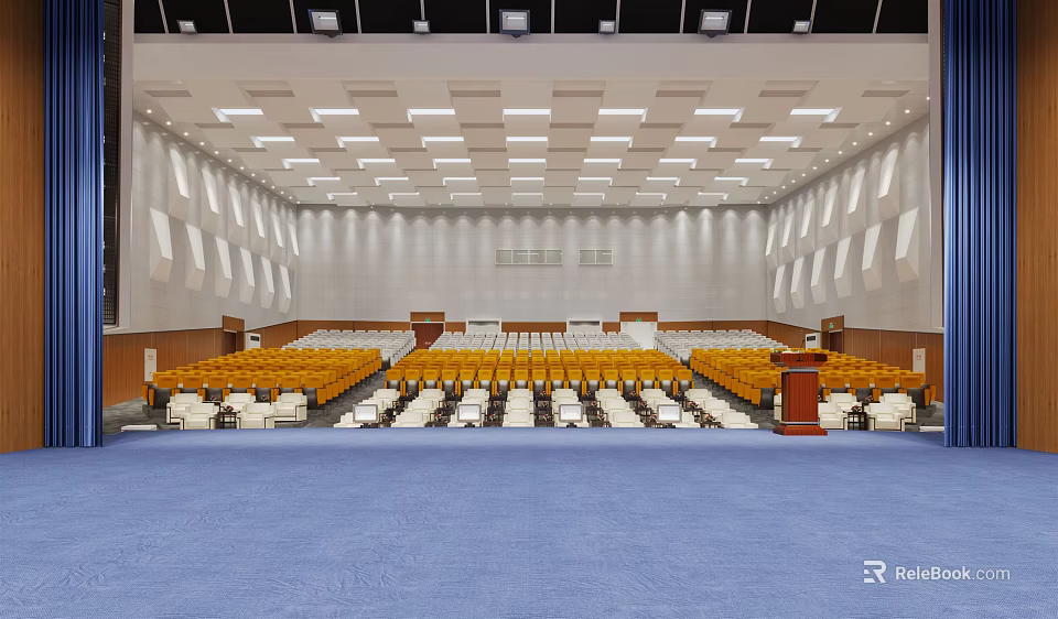 Spacious Modern Conference Room With Yellow Seats Central Podium And Blue Carpet 3d model 