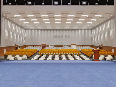 Spacious Modern Conference Room With Yellow Seats Central Podium And Blue Carpet 3d model