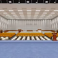 Spacious Modern Conference Room With Yellow Seats Central Podium And Blue Carpet