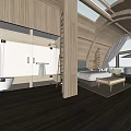 Hotel Guest Room With Arched Wooden Ceiling King Bed White Linens And Balcony View
