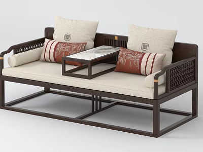 Traditional Chinese Luohan Bed with Carved Wooden Frame Linen Cushions and Center Tea Table 3d model