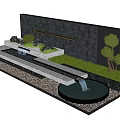 Modern Garden Feature Wall With Gray Stone Surface Waterfall Stream Small Trees And Pebble Ground