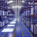 Modern Industrial Warehouse Storage Racks With Yellow Aisle And Stacked Goods