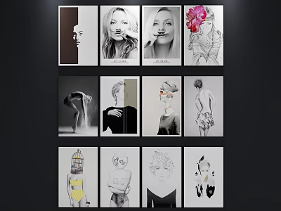 Diverse Portrait Artworks Collection with Various Styles and Decorative Elements on Wall 3d model