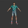 A Man Standing On Skateboard Wearing Green Floral Shirt And Denim Shorts