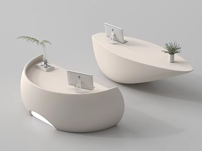 Modern White Curved Reception Desks With Computer Monitors And Small Plants 3d model