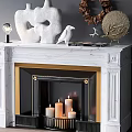 White Marble Fireplace With Gold Trim Sculptures Bird Figurine Wreath Lamp And Candles