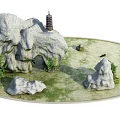 Serene Miniature Garden Ornament With Rocky Landscape Pagoda Water Feature And Climbing Plants