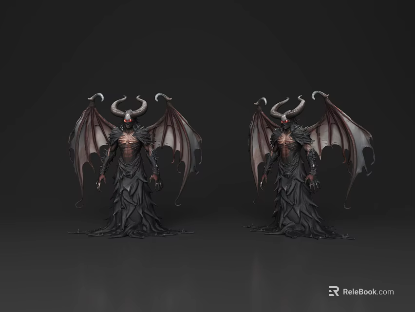 Dark Fantasy Game and Movie Character With Curved Horns Bat Wings and Tattered Robe 3d model 