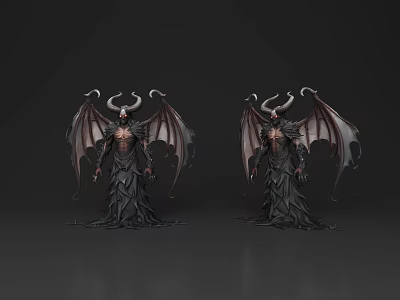 Dark Fantasy Game and Movie Character With Curved Horns Bat Wings and Tattered Robe 3d model