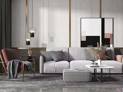 Elegant Modern Sofa Coffee Table Set With Grey Fabric Upholstery White Table Plush Cushions And Wall Art 3d model