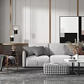 Elegant Modern Sofa Coffee Table Set With Grey Fabric Upholstery White Table Plush Cushions And Wall Art