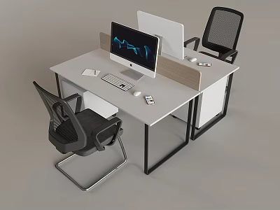 Modern Office Desk and Chair Set with Computer Monitor Keyboard Mouse and Mesh Chairs 3d model