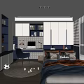 Modern Kids Room Interior With Desk Computer Navy Chair Bed Soccer Ball And Bookshelf