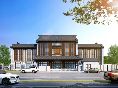 Chinese Traditional Style Hotel Building With Wooden Roof Large Windows Trees and Vehicles in Front 3d model