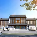 Chinese Traditional Style Hotel Building With Wooden Roof Large Windows Trees and Vehicles in Front