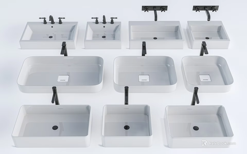 Various White Ceramic Washbasin Designs With Wall Mounted Styles And Different Shapes 3d model 