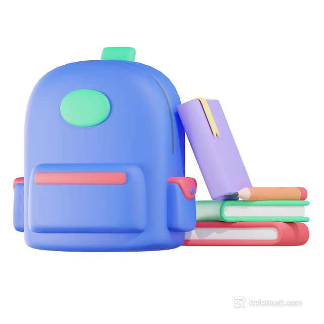 Vibrant Notebook Stack Alongside Blue Backpack Featuring Green Circular Accent and Pink Details 3d model
