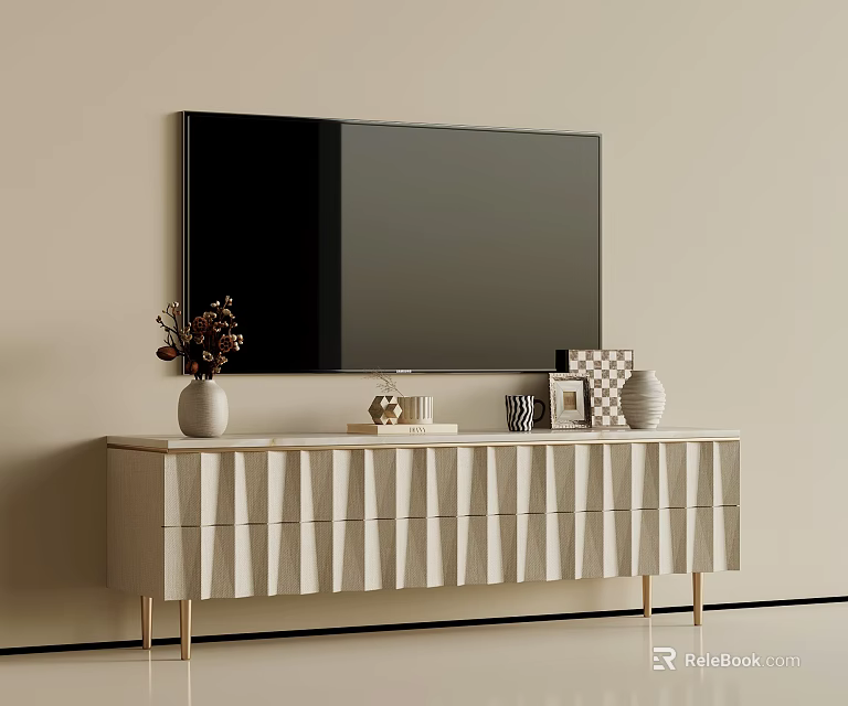 Elegant Light Luxury Beige TV Stand With Exquisite Decorations Below Wall Mounted Flat Screen Television 3d model 
