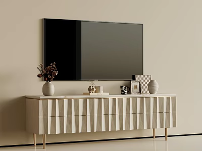 Elegant Light Luxury Beige TV Stand With Exquisite Decorations Below Wall Mounted Flat Screen Television 3d model