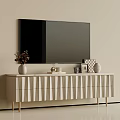 Elegant Light Luxury Beige TV Stand With Exquisite Decorations Below Wall Mounted Flat Screen Television