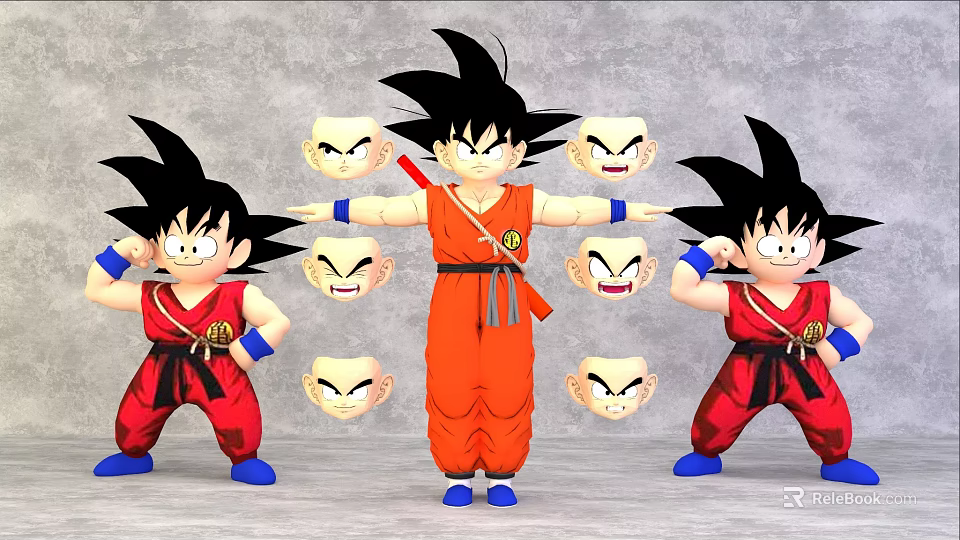 Anime Game Character Goku In Orange Red Outfits With Multiple Expressions And Poses 3d model 